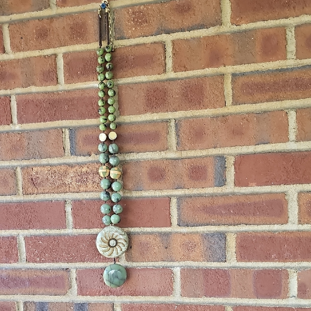 Chico's Green Beaded Pendant Necklace - Boho Statement Jewelry